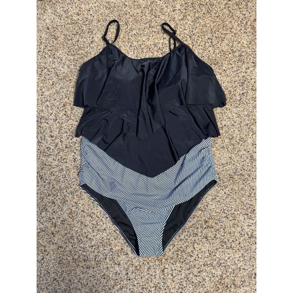 Tankini Swimsuit‎ Ruffled Tank Tummy Control Black Striped Modest Swimwear XXXL - Picture 2 of 8